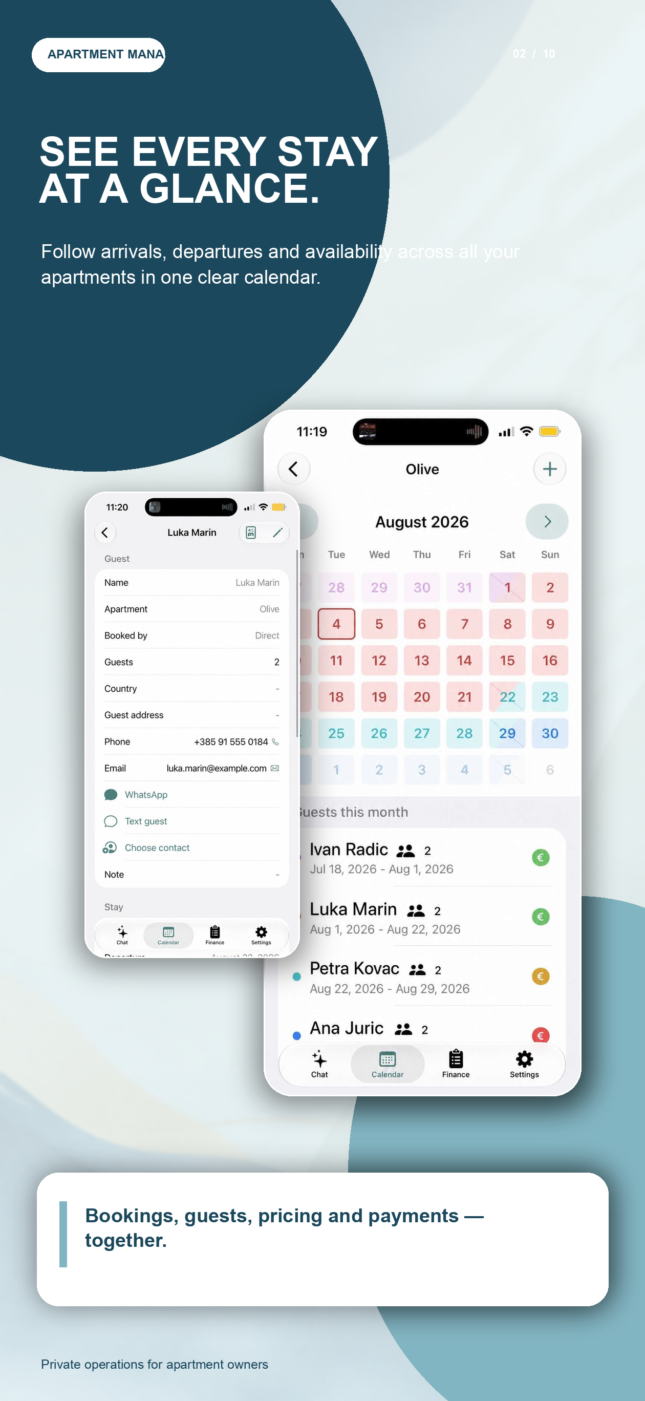 Apartment Manager calendar showing stays across apartments