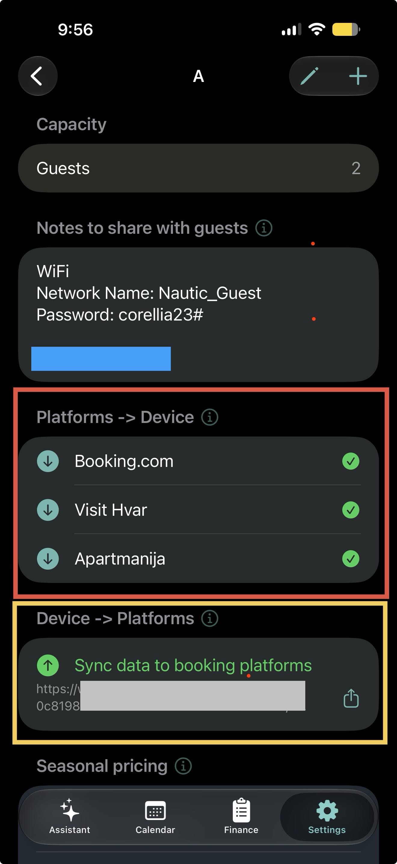 Apartment Manager Settings showing platform-to-device calendar imports and device-to-platform availability sharing