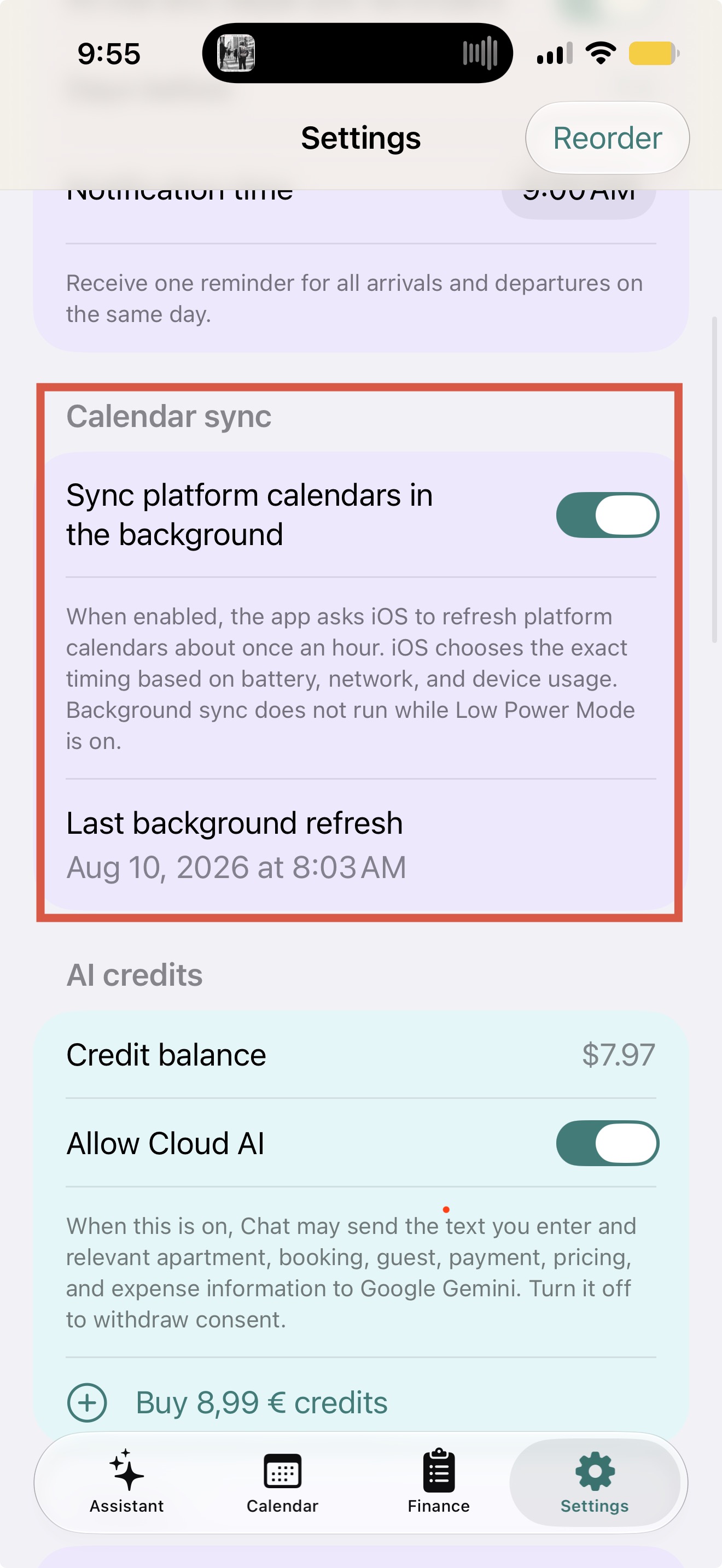 Apartment Manager Settings showing the background platform-calendar sync control and its most recent refresh time