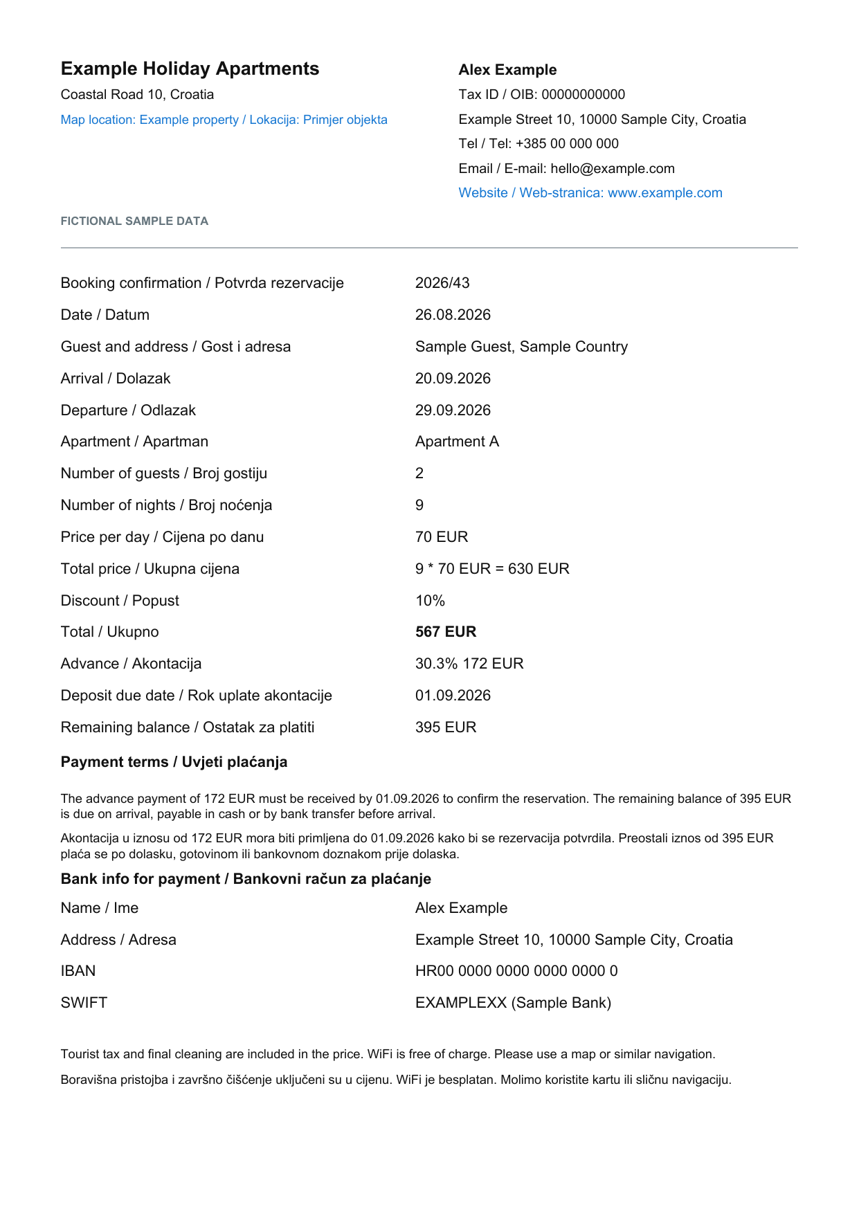 Fictional RentalBook booking voucher example with sample data
