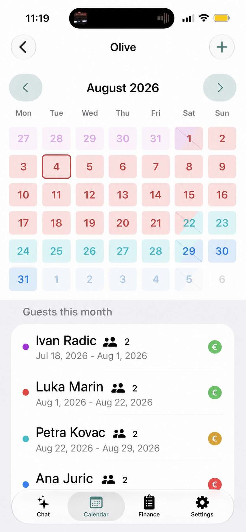 Apartment calendar with coloured stays, arrivals, and payment indicators