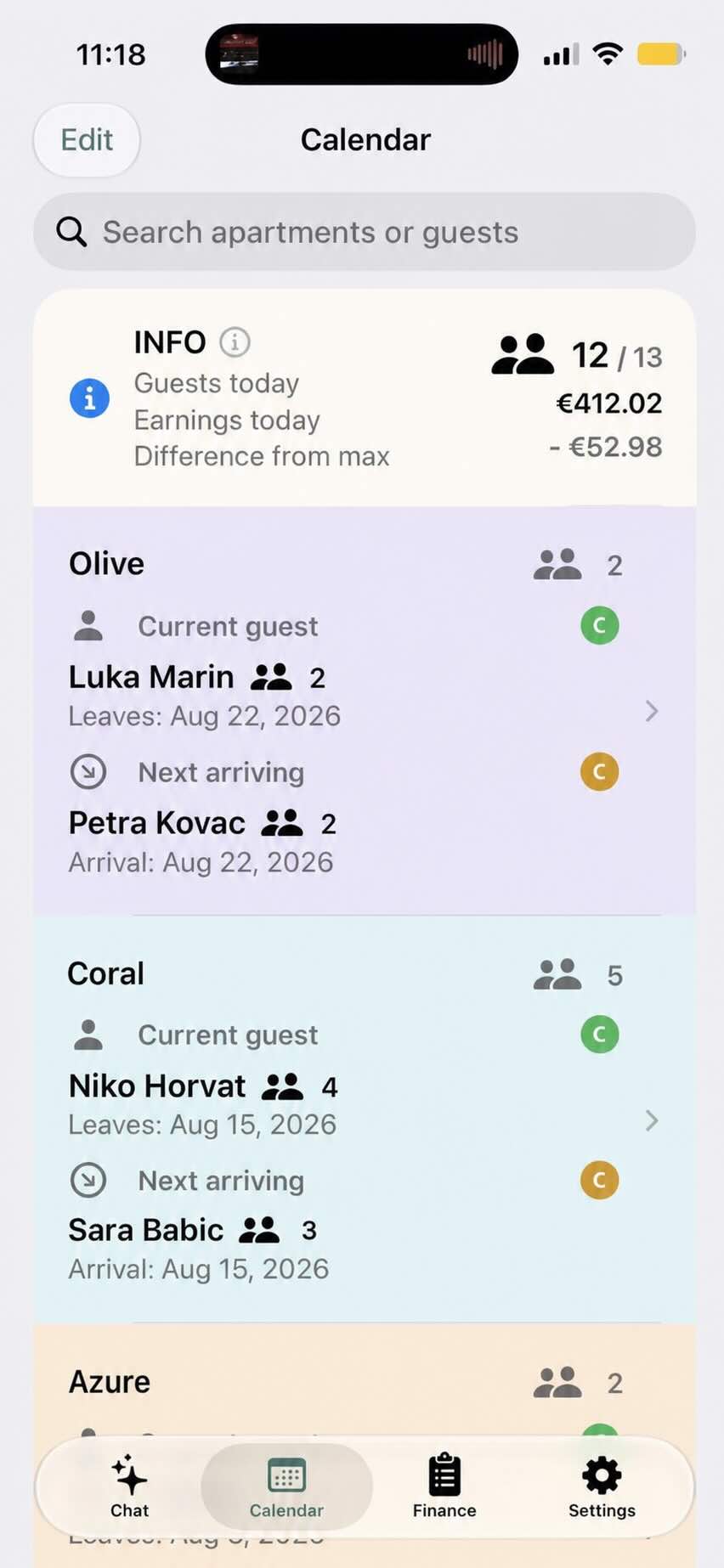 RentalBook calendar showing stays across apartments