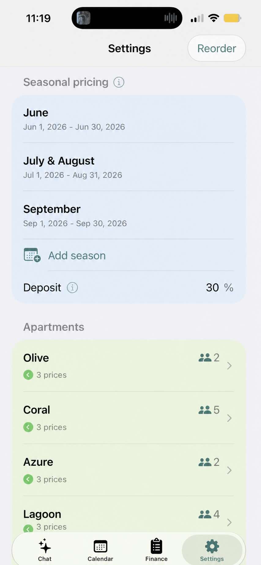 Seasonal pricing and apartment list in Settings