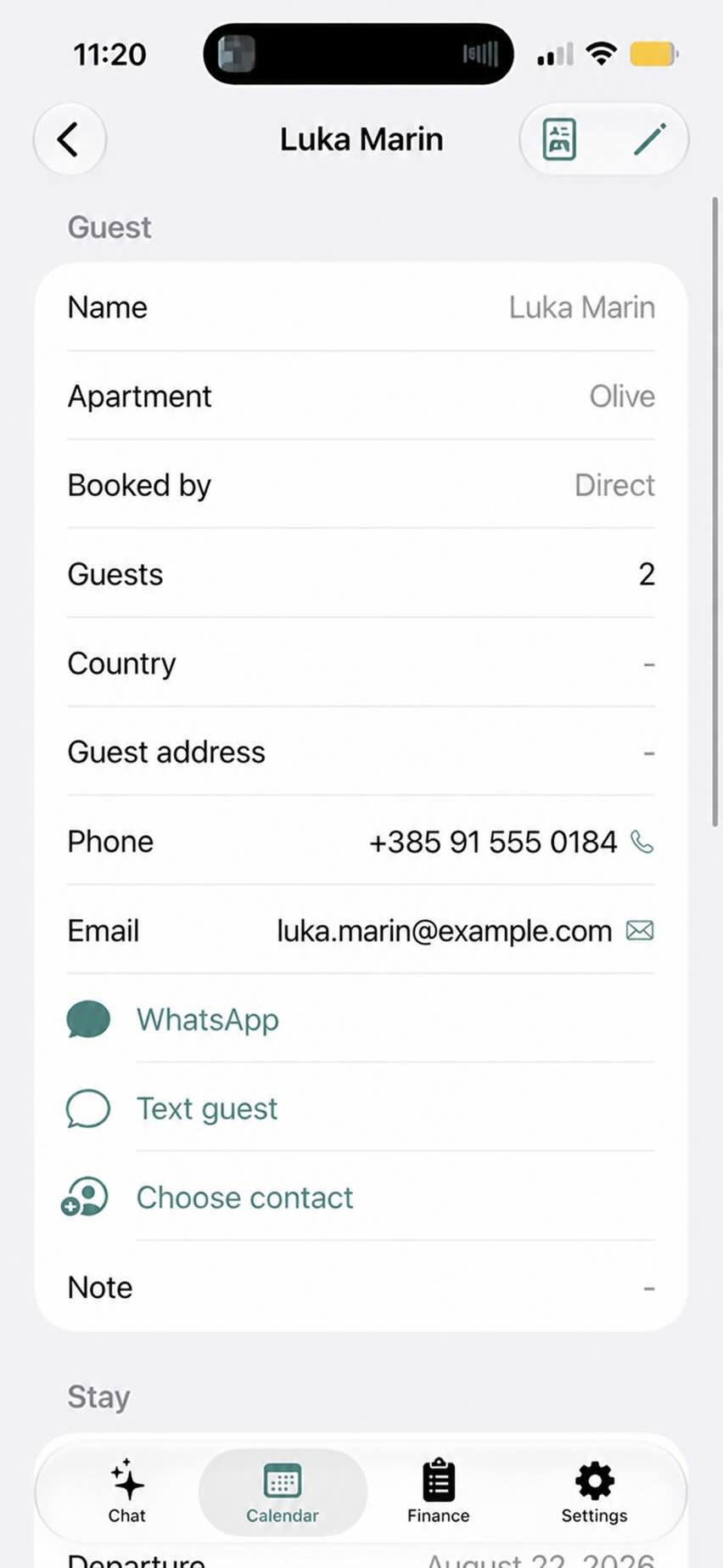 Guest profile with contact actions
