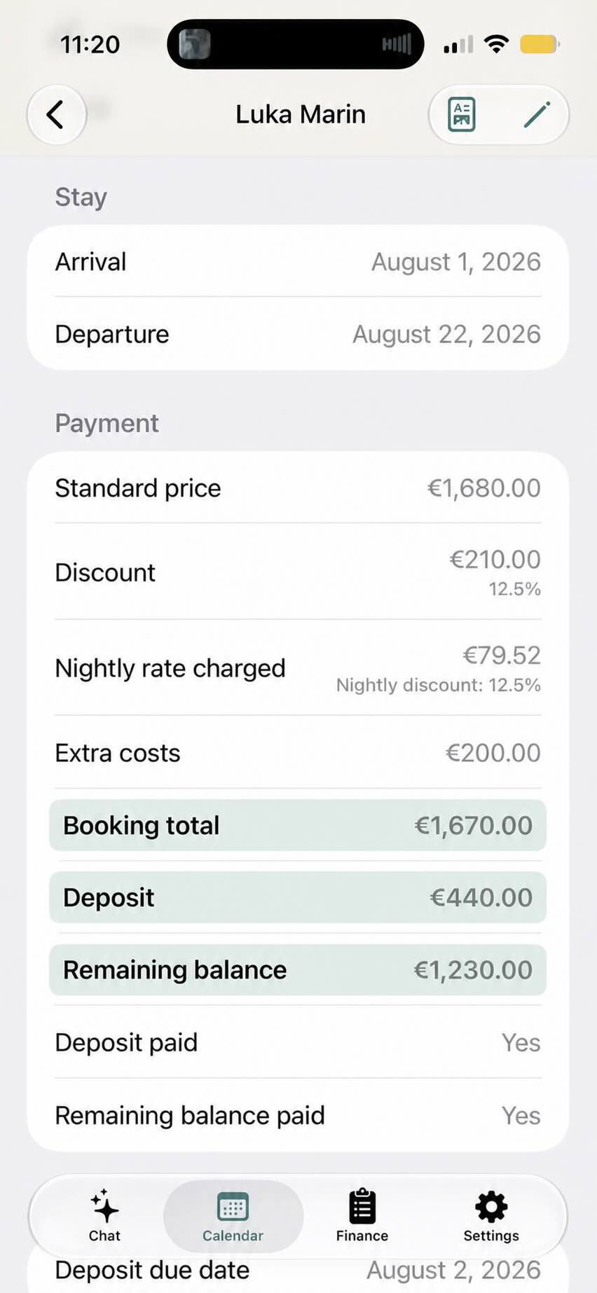 Booking payment totals and remaining balance
