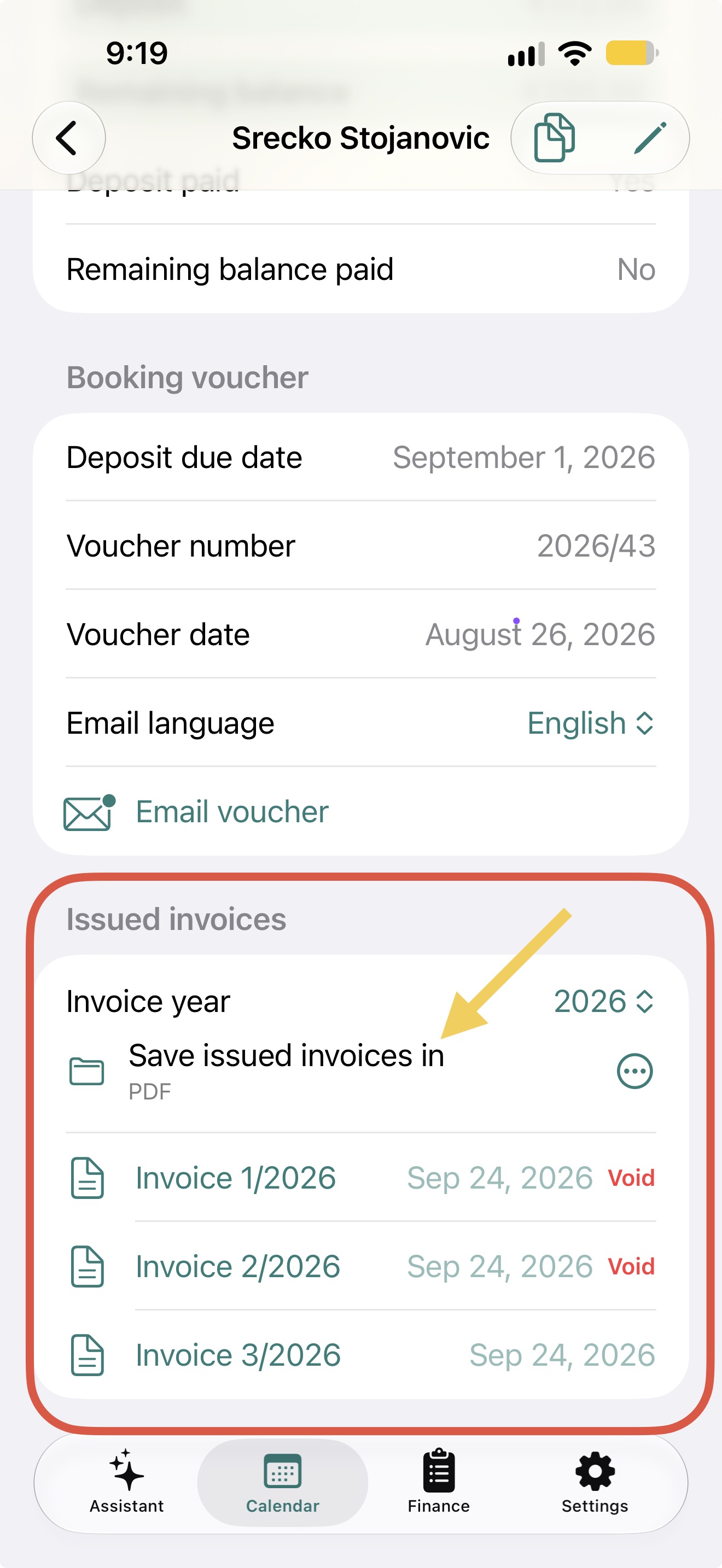 RentalBook invoice list with yearly folder and voided invoice management