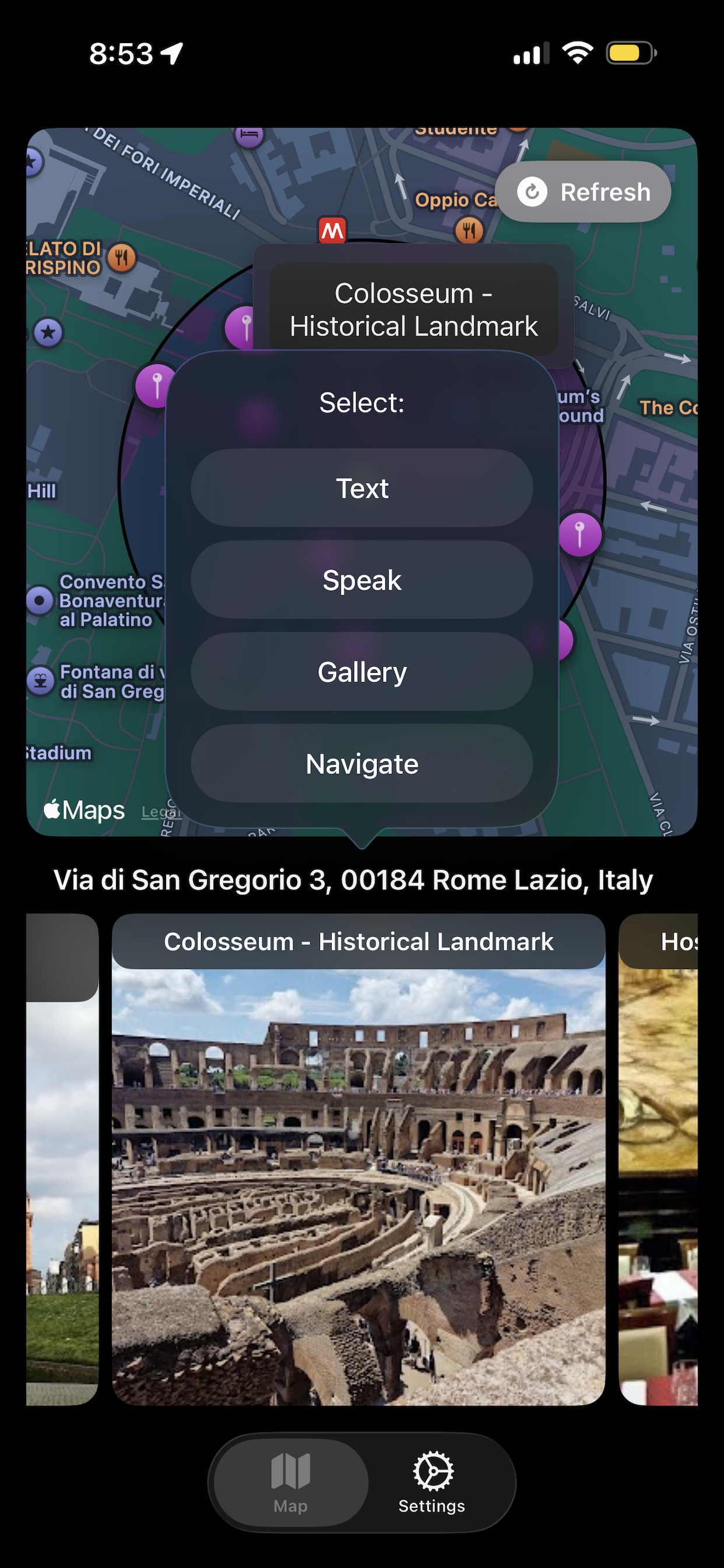 InfoAtPlace action menu with text, speak, gallery, and navigate options