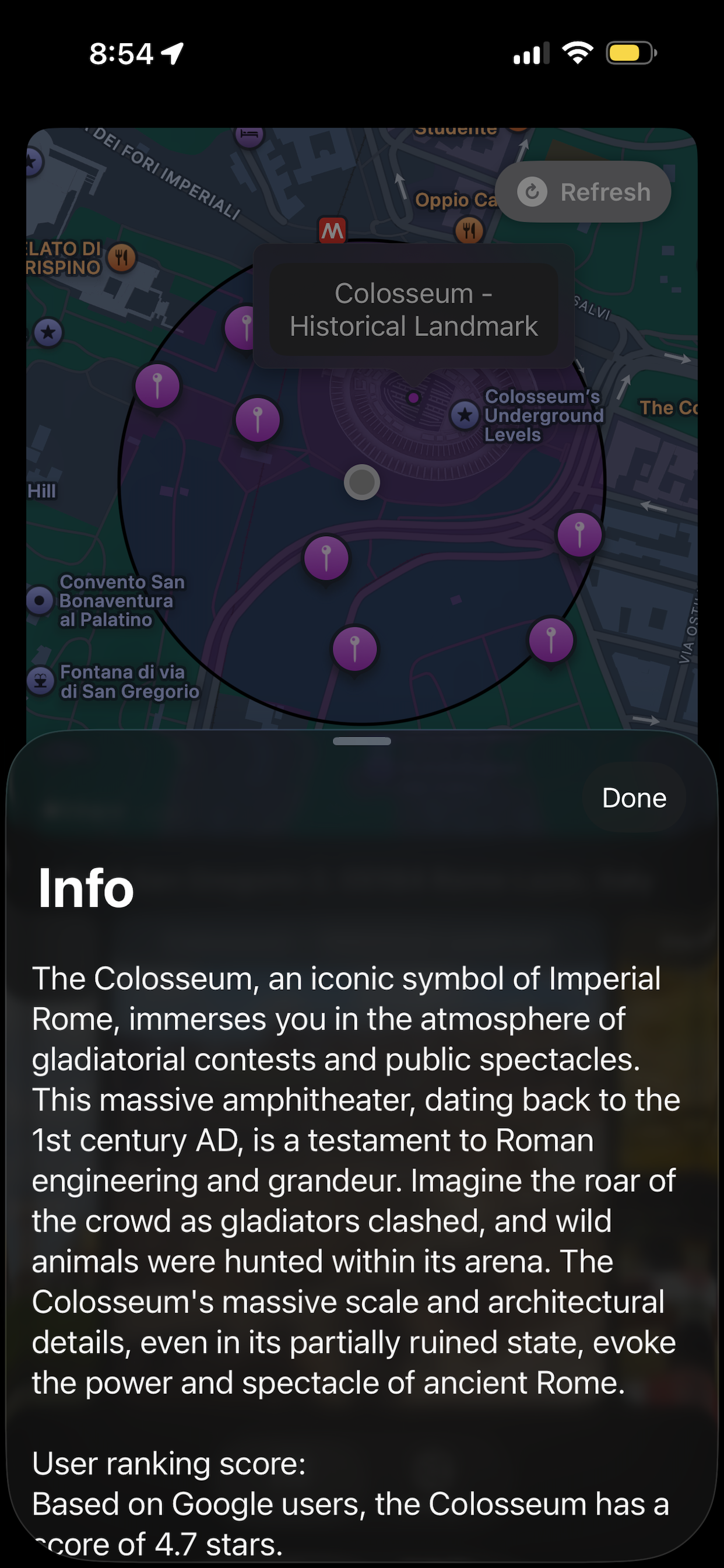 InfoAtPlace spoken information panel about the Colosseum