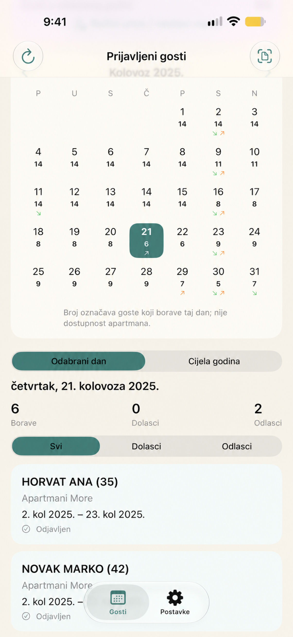 mobVisitor kalendar s brojem gostiju po danima te popisom gostiju ispod kalendara