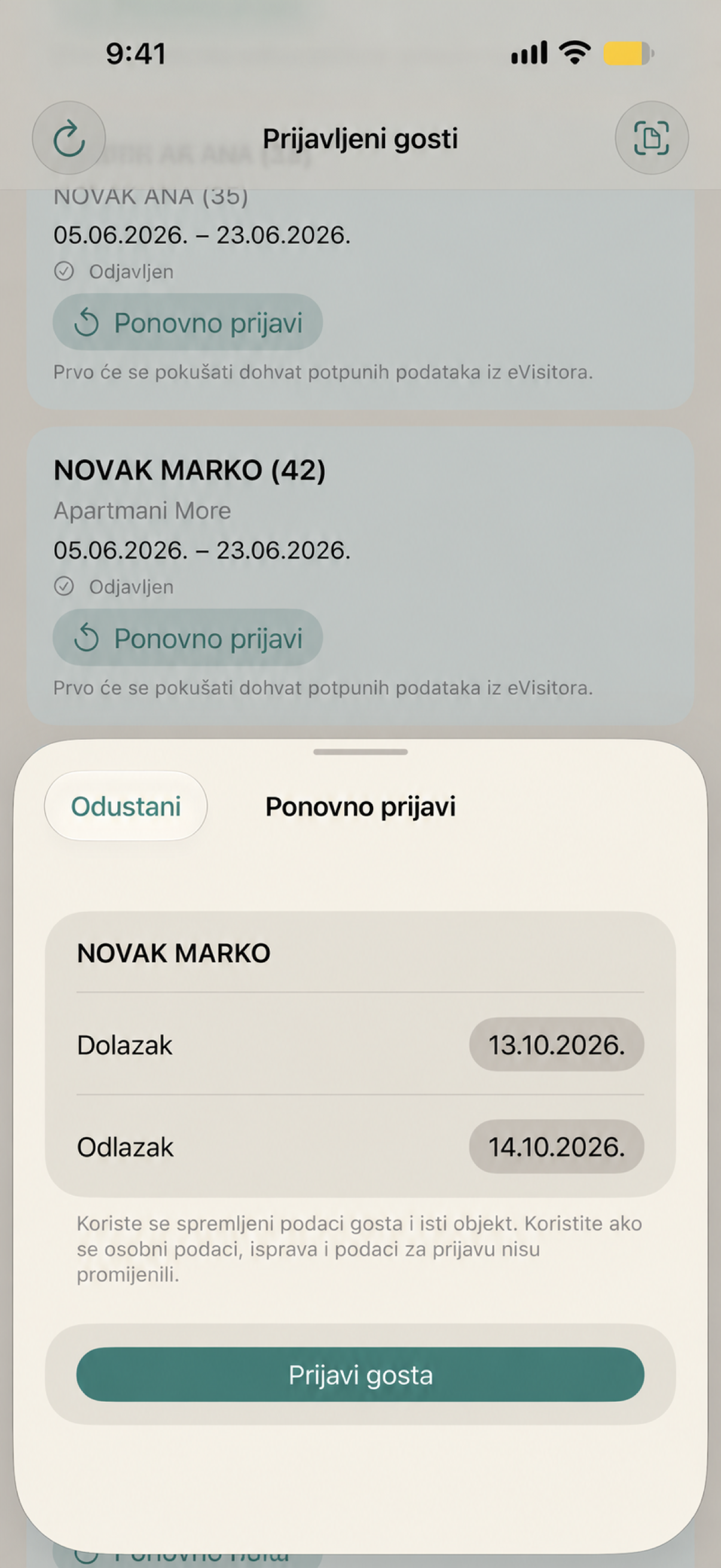 Ponovna prijava gosta u mobVisitoru: postojeći podaci gosta i odabir novih datuma dolaska i odlaska