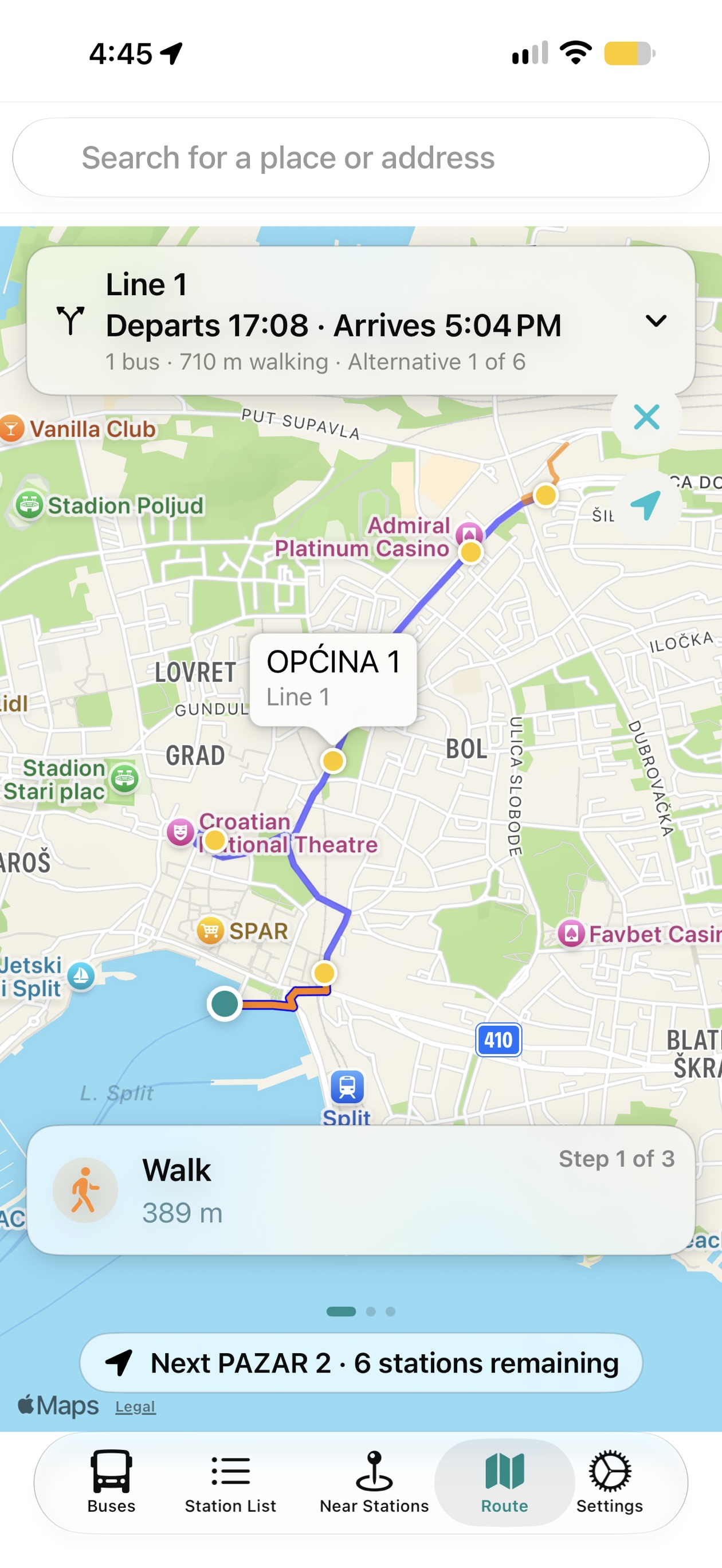 SplitBus navigation route around Split
