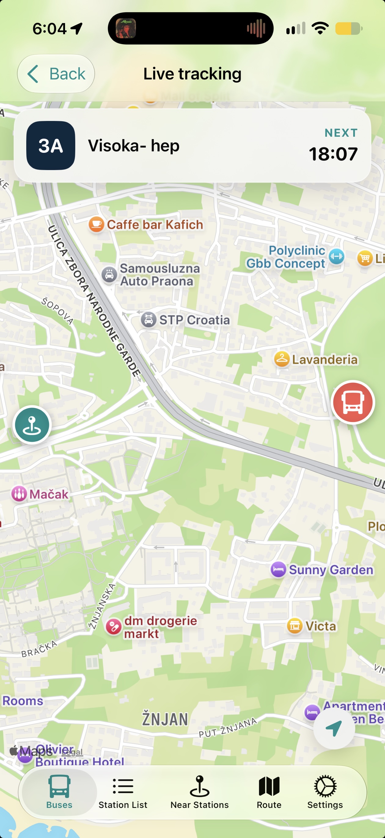 SplitBus live tracking of bus 3A